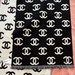 CHANEL Black and White CC Cashmere Wool Scarf
